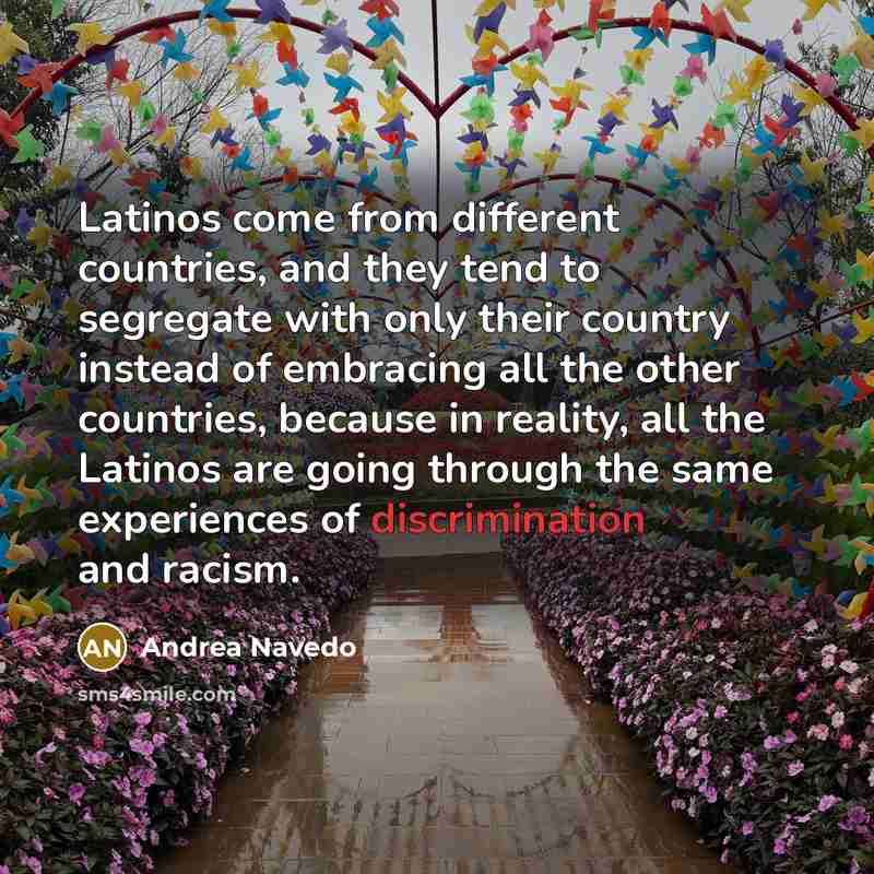 “Latinos come from different countries, and they tend to segregate with only their country instead of embracing all the other countries, because in reality, all the Latinos are going through the same experiences of discrimination and racism.” quote by Andrea Navedo