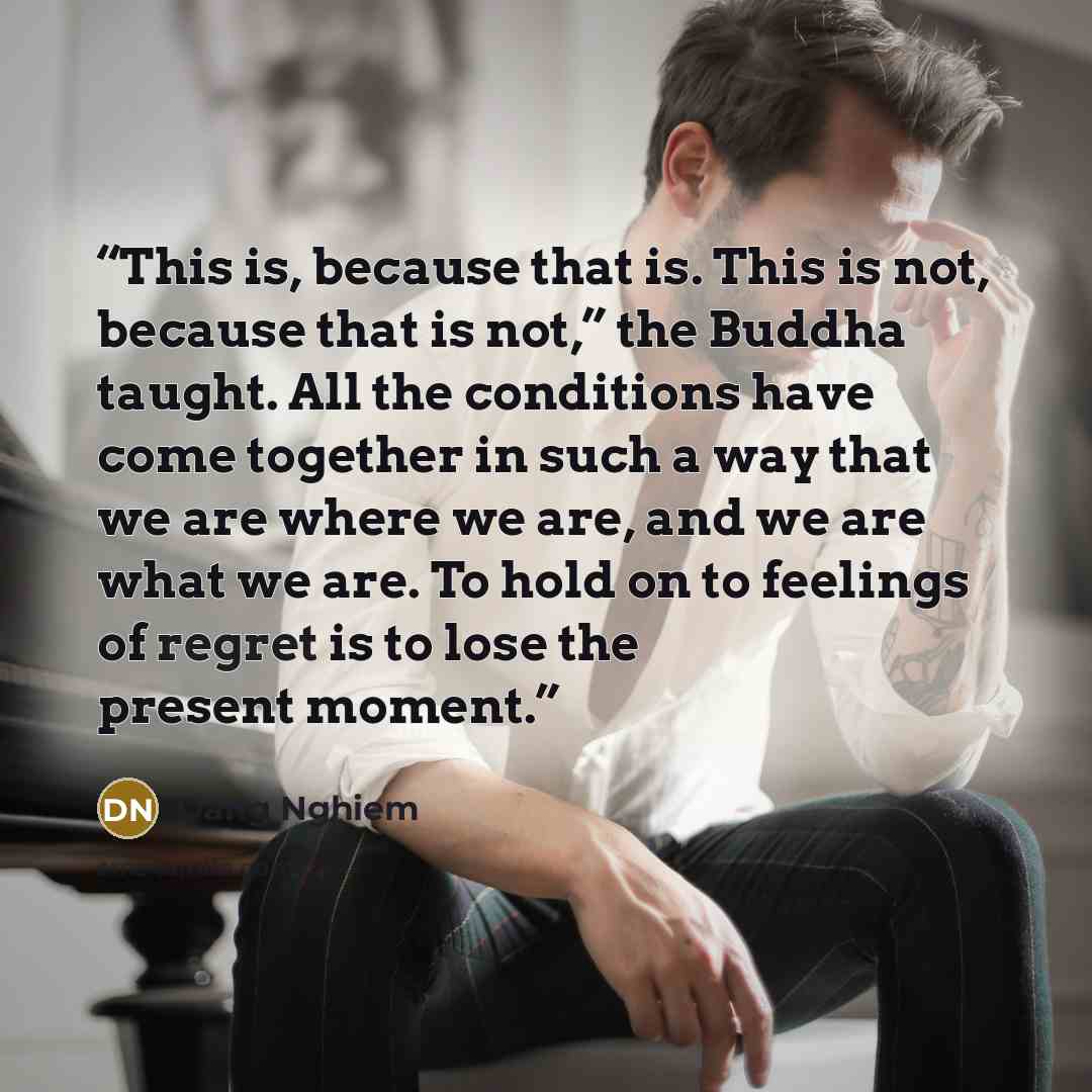 “This is, because that is. This is not, because that is not,” the Buddha taught. All the conditions have come together in such a way that we are where we are, and we are what we are. To hold on to feelings of regret is to lose the present moment.” quote by Dang Nghiem