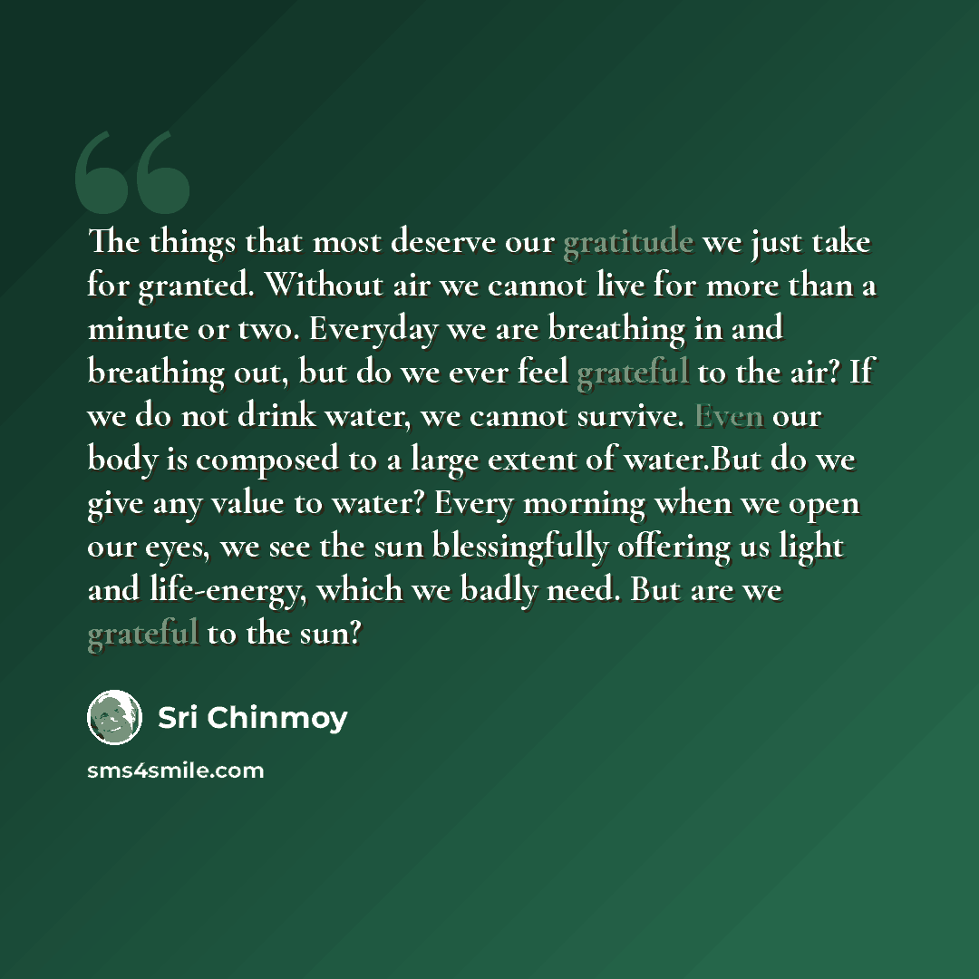 “The things that most deserve our gratitude we just take for granted. Without air we cannot live for more than a minute or two. Everyday we are breathing in and breathing out, but do we ever feel grateful to the air? If we do not drink water, we cannot survive. Even our body is composed to a large…” quote by Sri Chinmoy