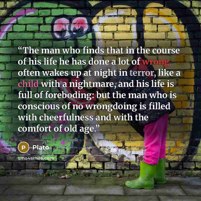 “The man who finds that in the course of his life he has done a lot of wrong often wakes up at night in terror, like a child with a nightmare, and his life is full of foreboding: but the man who is conscious of no wrongdoing is filled with cheerfulness and with the comfort of old age.” quote by Plato