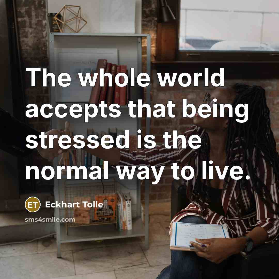 “The whole world accepts that being stressed is the normal way to live.” quote by Eckhart Tolle