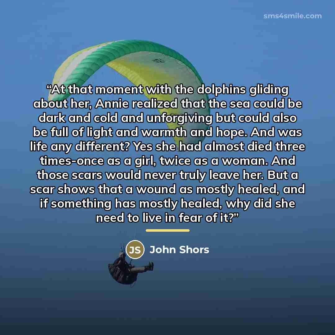 “At that moment with the dolphins gliding about her, Annie realized that the sea could be dark and cold and unforgiving but could also be full of light and warmth and hope. And was life any different? Yes she had almost died three times-once as a girl, twice as a woman. And those scars would never…” quote by John Shors