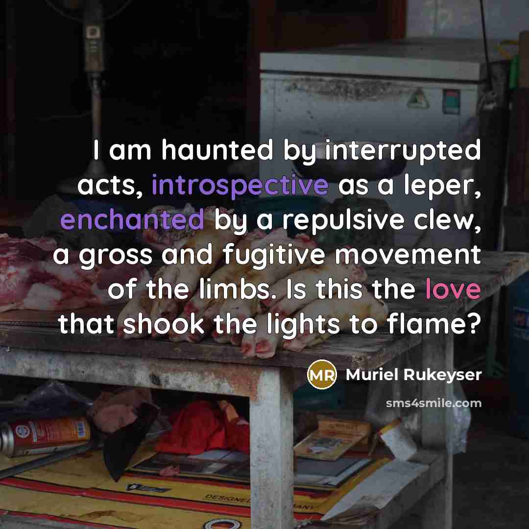 “I am haunted by interrupted acts, introspective as a leper, enchanted by a repulsive clew, a gross and fugitive movement of the limbs. Is this the love that shook the lights to flame?” quote by Muriel Rukeyser