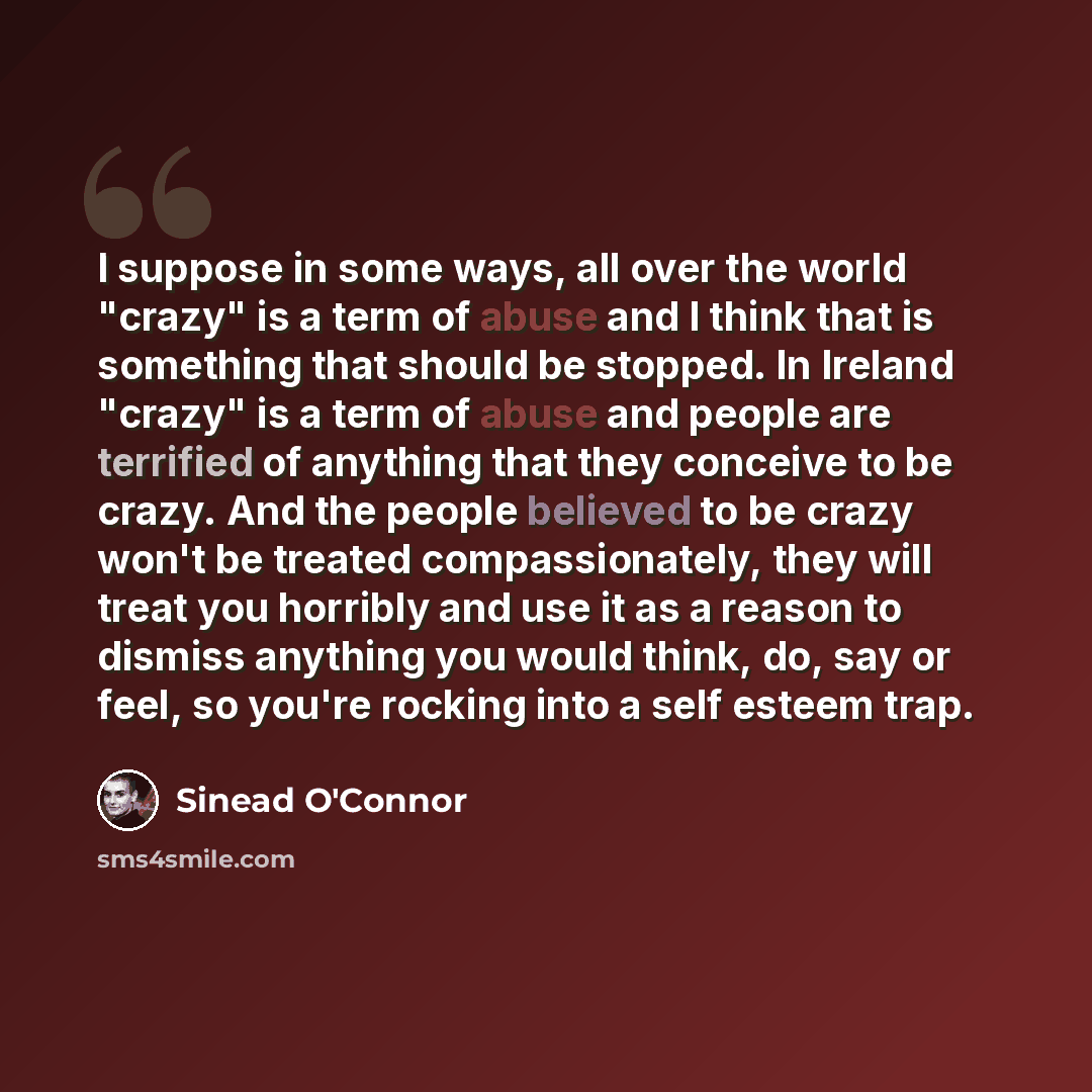 “I suppose in some ways, all over the world "crazy" is a term of abuse and I think that is something that should be stopped. In Ireland "crazy" is a term of abuse and people are terrified of anything that they conceive to be crazy. And the people believed to be crazy won't be treated…” quote by Sinead O'Connor