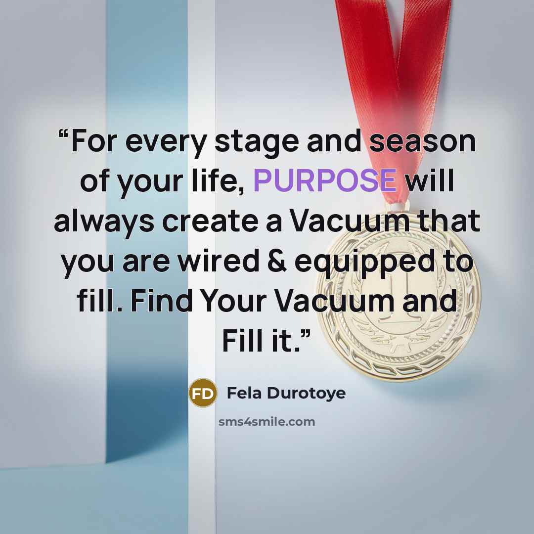 “For every stage and season of your life, PURPOSE will always create a Vacuum that you are wired & equipped to fill. Find Your Vacuum and Fill it.” quote by Fela Durotoye