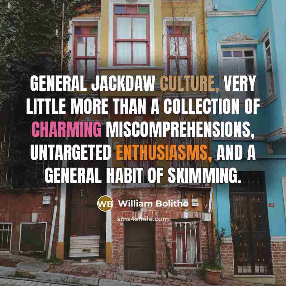 “General jackdaw culture, very little more than a collection of charming miscomprehensions, untargeted enthusiasms, and a general habit of skimming.” quote by William Bolitho