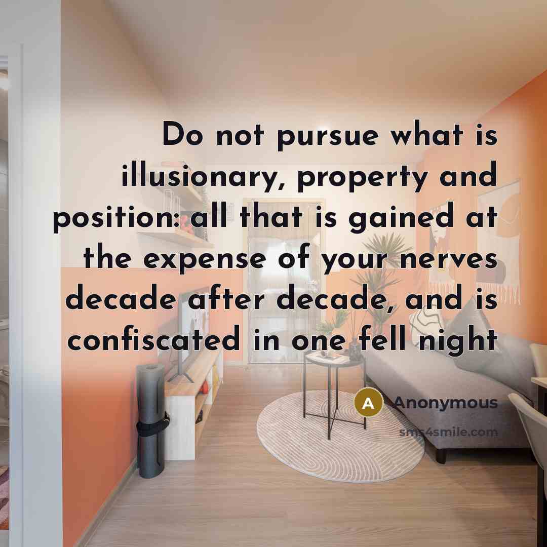 “Do not pursue what is illusionary, property and position: all that is gained at the expense of your nerves decade after decade, and is confiscated in one fell night” quote by Anonymous
