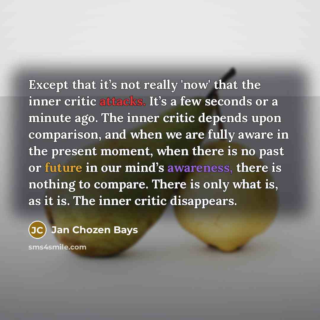 “Except that it’s not really 'now' that the inner critic attacks. It’s a few seconds or a minute ago. The inner critic depends upon comparison, and when we are fully aware in the present moment, when there is no past or future in our mind’s awareness, there is nothing to compare. There is only what…” quote by Jan Chozen Bays