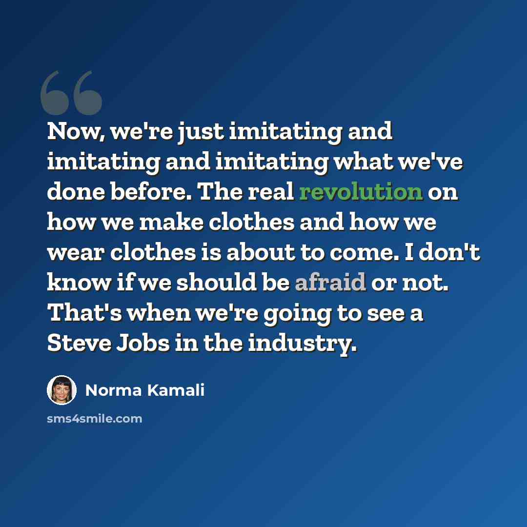 “Now, we're just imitating and imitating and imitating what we've done before. The real revolution on how we make clothes and how we wear clothes is about to come. I don't know if we should be afraid or not. That's when we're going to see a Steve Jobs in the industry.” quote by Norma Kamali