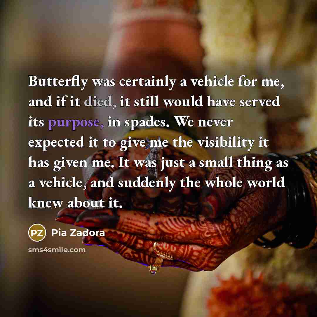 “Butterfly was certainly a vehicle for me, and if it died, it still would have served its purpose, in spades. We never expected it to give me the visibility it has given me. It was just a small thing as a vehicle, and suddenly the whole world knew about it.” quote by Pia Zadora