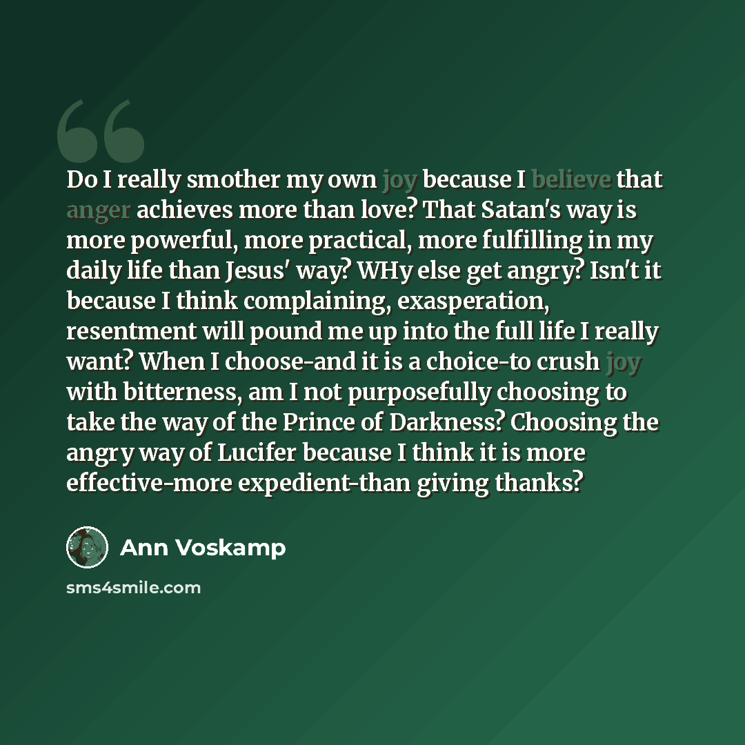 “Do I really smother my own joy because I believe that anger achieves more than love? That Satan's way is more powerful, more practical, more fulfilling in my daily life than Jesus' way? WHy else get angry? Isn't it because I think complaining, exasperation, resentment will pound me up into the…” quote by Ann Voskamp