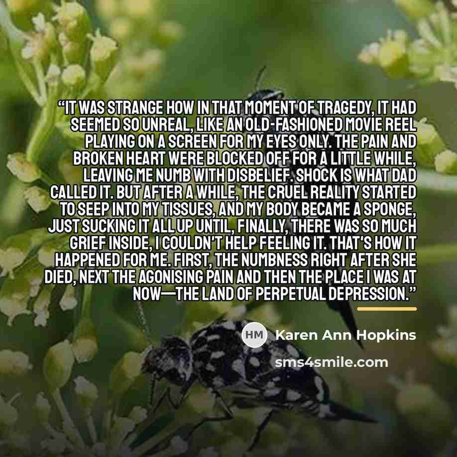 “It was strange how in that moment of tragedy, it had seemed so unreal, like an old-fashioned movie reel playing on a screen for my eyes only. The pain and broken heart were blocked off for a little while, leaving me numb with disbelief. Shock is what Dad called it. But after a while, the cruel…” quote by Karen Ann Hopkins