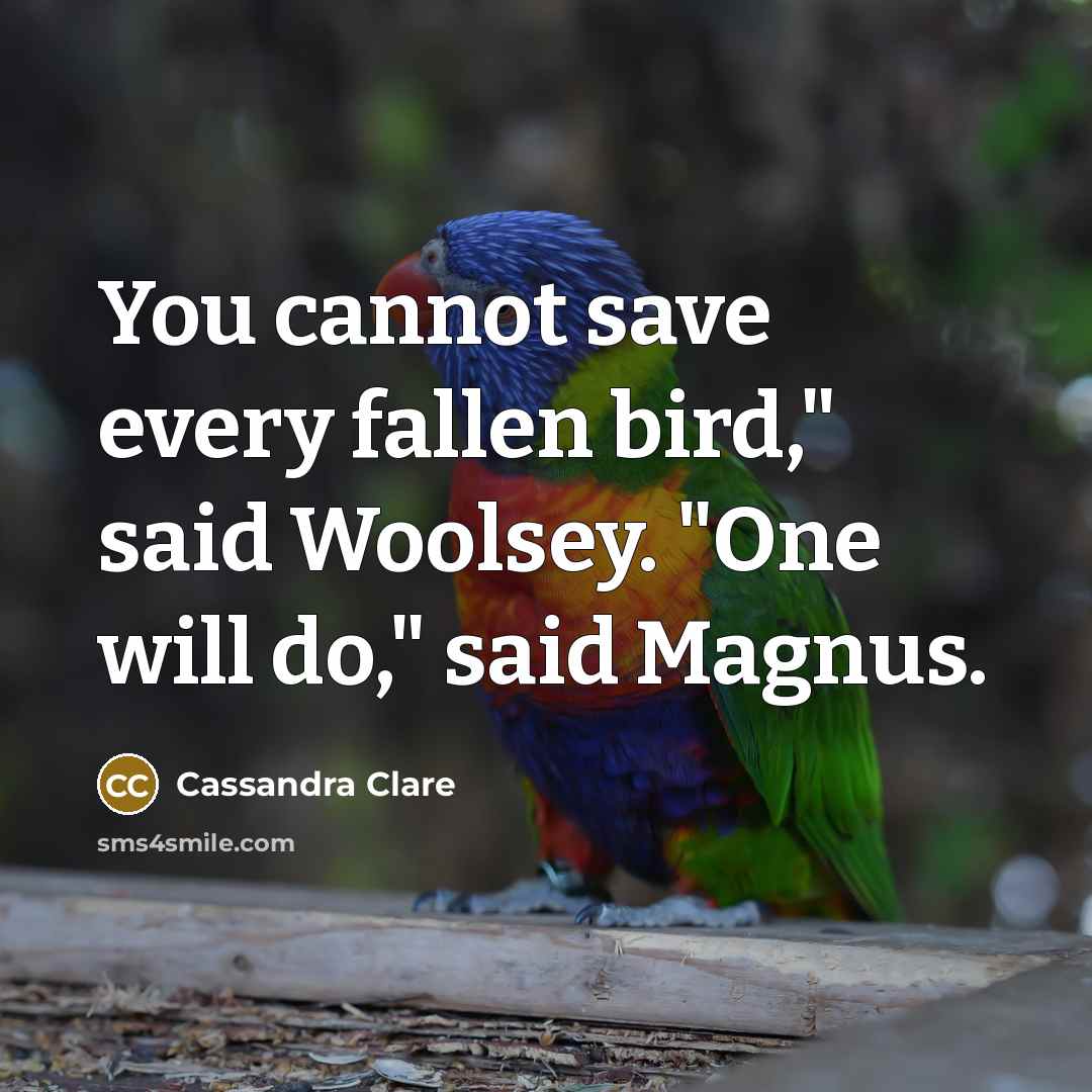 “You cannot save every fallen bird," said Woolsey. "One will do," said Magnus.” quote by Cassandra Clare