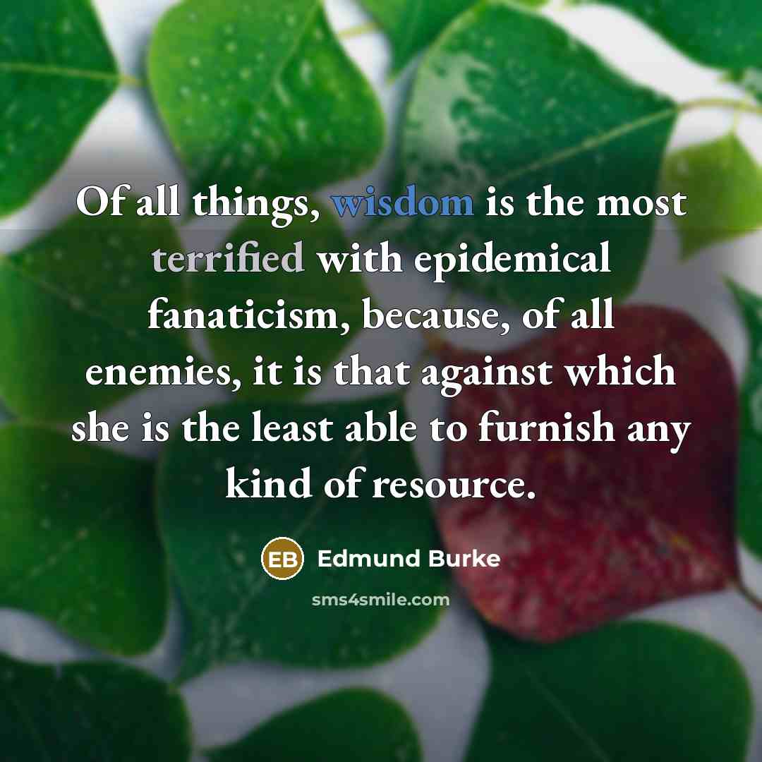 “Of all things, wisdom is the most terrified with epidemical fanaticism, because, of all enemies, it is that against which she is the least able to furnish any kind of resource.” quote by Edmund Burke