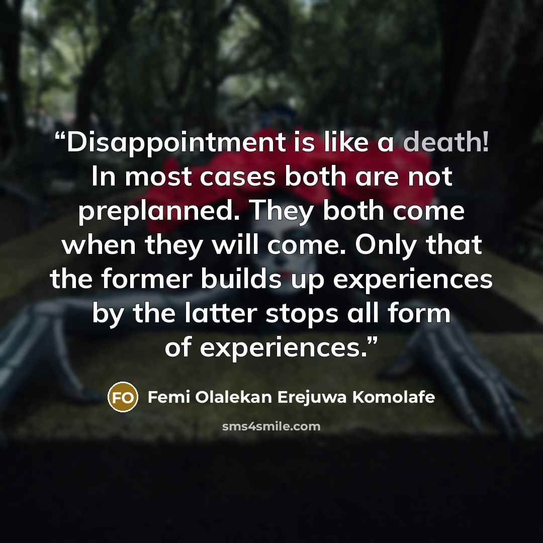 “Disappointment is like a death! In most cases both are not preplanned. They both come when they will come. Only that the former builds up experiences by the latter stops all form of experiences.” quote by Femi Olalekan Erejuwa Komolafe