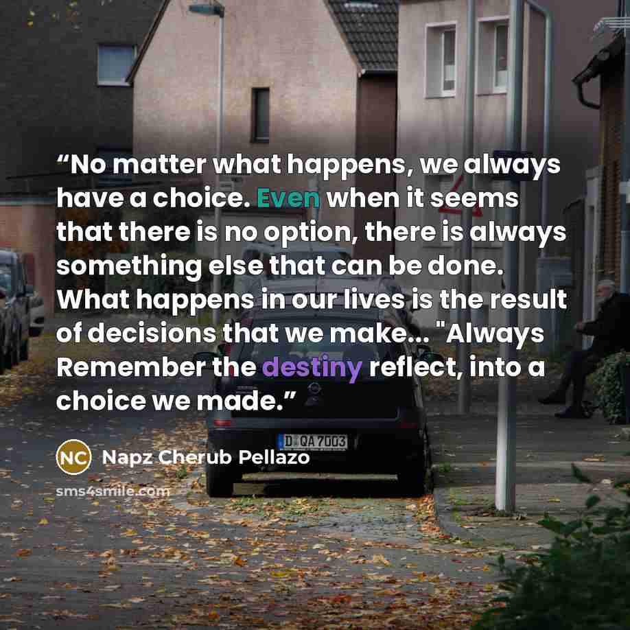 “No matter what happens, we always have a choice. Even when it seems that there is no option, there is always something else that can be done. What happens in our lives is the result of decisions that we make... "Always Remember the destiny reflect, into a choice we made.” quote by Napz Cherub Pellazo