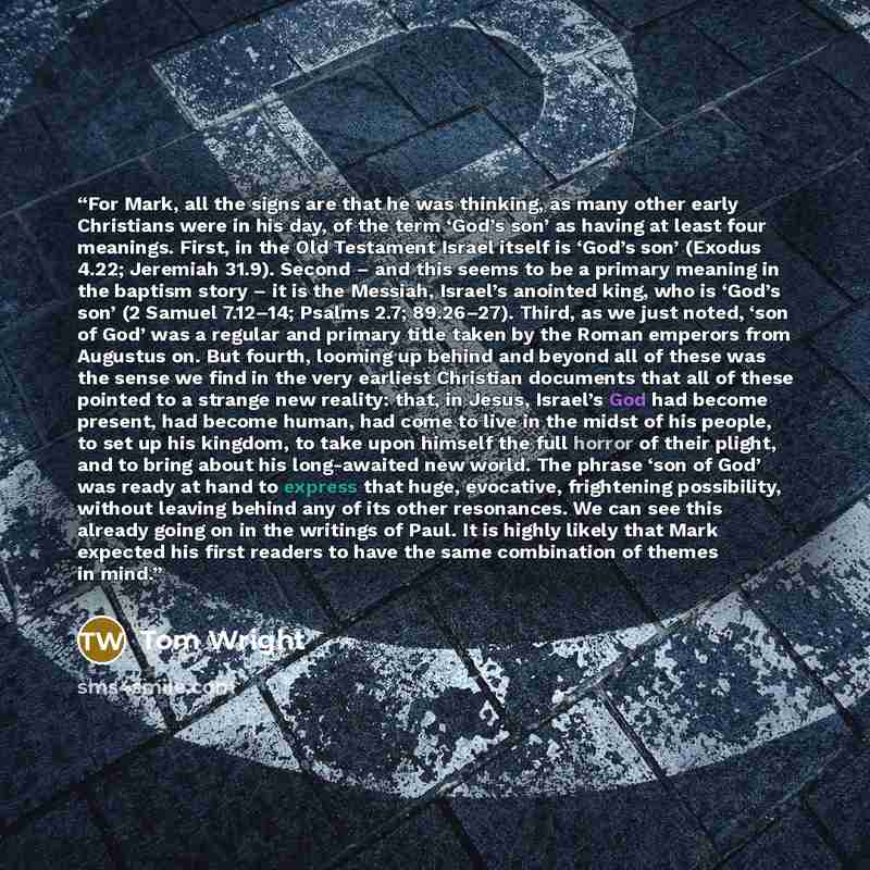“For Mark, all the signs are that he was thinking, as many other early Christians were in his day, of the term ‘God’s son’ as having at least four meanings. First, in the Old Testament Israel itself is ‘God’s son’ (Exodus 4.22; Jeremiah 31.9). Second – and this seems to be a primary meaning in the…” quote by Tom Wright