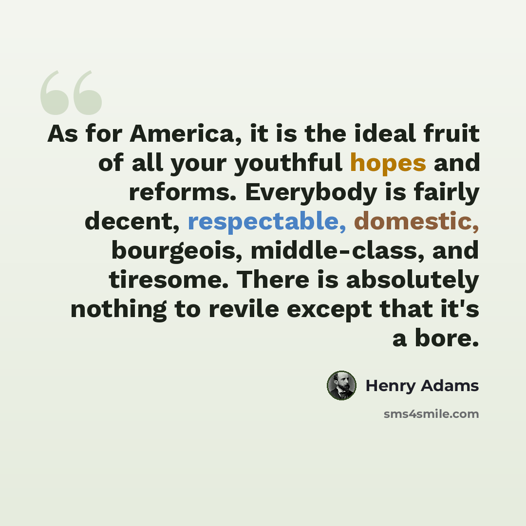 “As for America, it is the ideal fruit of all your youthful hopes and reforms. Everybody is fairly decent, respectable, domestic, bourgeois, middle-class, and tiresome. There is absolutely nothing to revile except that it's a bore.” quote by Henry Adams