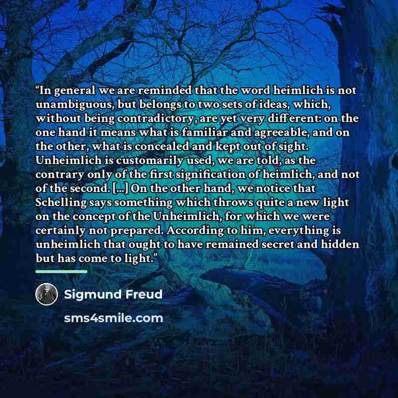 “In general we are reminded that the word heimlich is not unambiguous, but belongs to two sets of ideas, which, without being contradictory, are yet very different: on the one hand it means what is familiar and agreeable, and on the other, what is concealed and kept out of sight. Unheimlich is…” quote by Sigmund Freud
