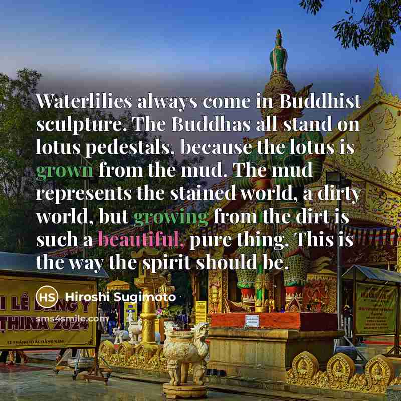 “Waterlilies always come in Buddhist sculpture. The Buddhas all stand on lotus pedestals, because the lotus is grown from the mud. The mud represents the stained world, a dirty world, but growing from the dirt is such a beautiful, pure thing. This is the way the spirit should be.” quote by Hiroshi Sugimoto
