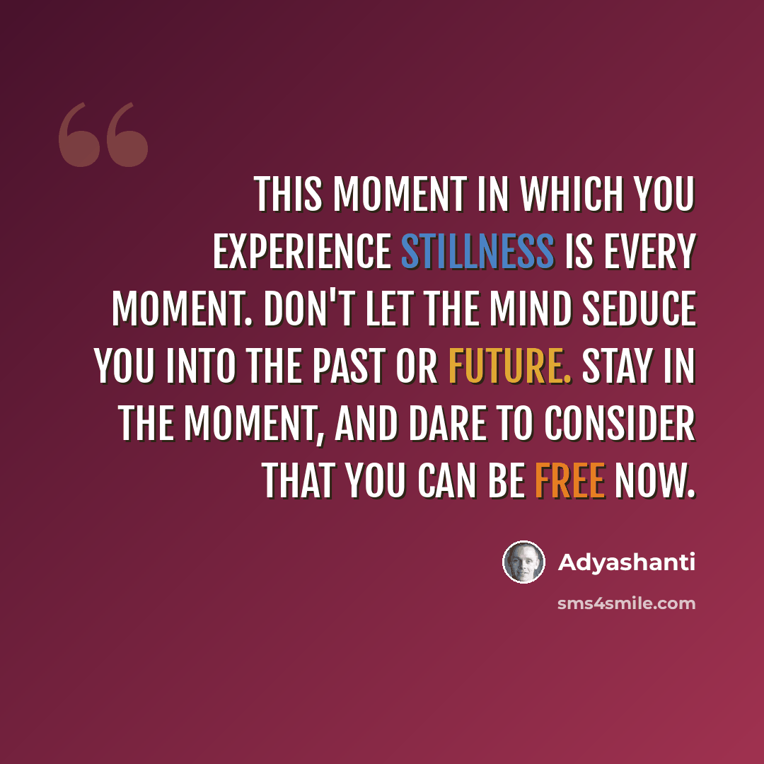 “This moment in which you experience stillness is every moment. Don't let the mind seduce you into the past or future. Stay in the moment, and dare to consider that you can be free now.” quote by Adyashanti
