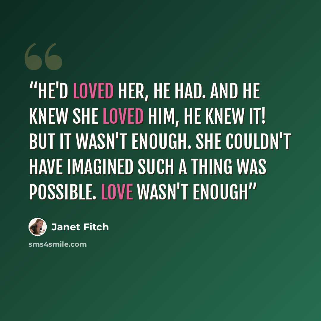 “He'd loved her, he had. And he knew she loved him, he knew it! But it wasn't enough. She couldn't have imagined such a thing was possible. Love wasn't enough” quote by Janet Fitch