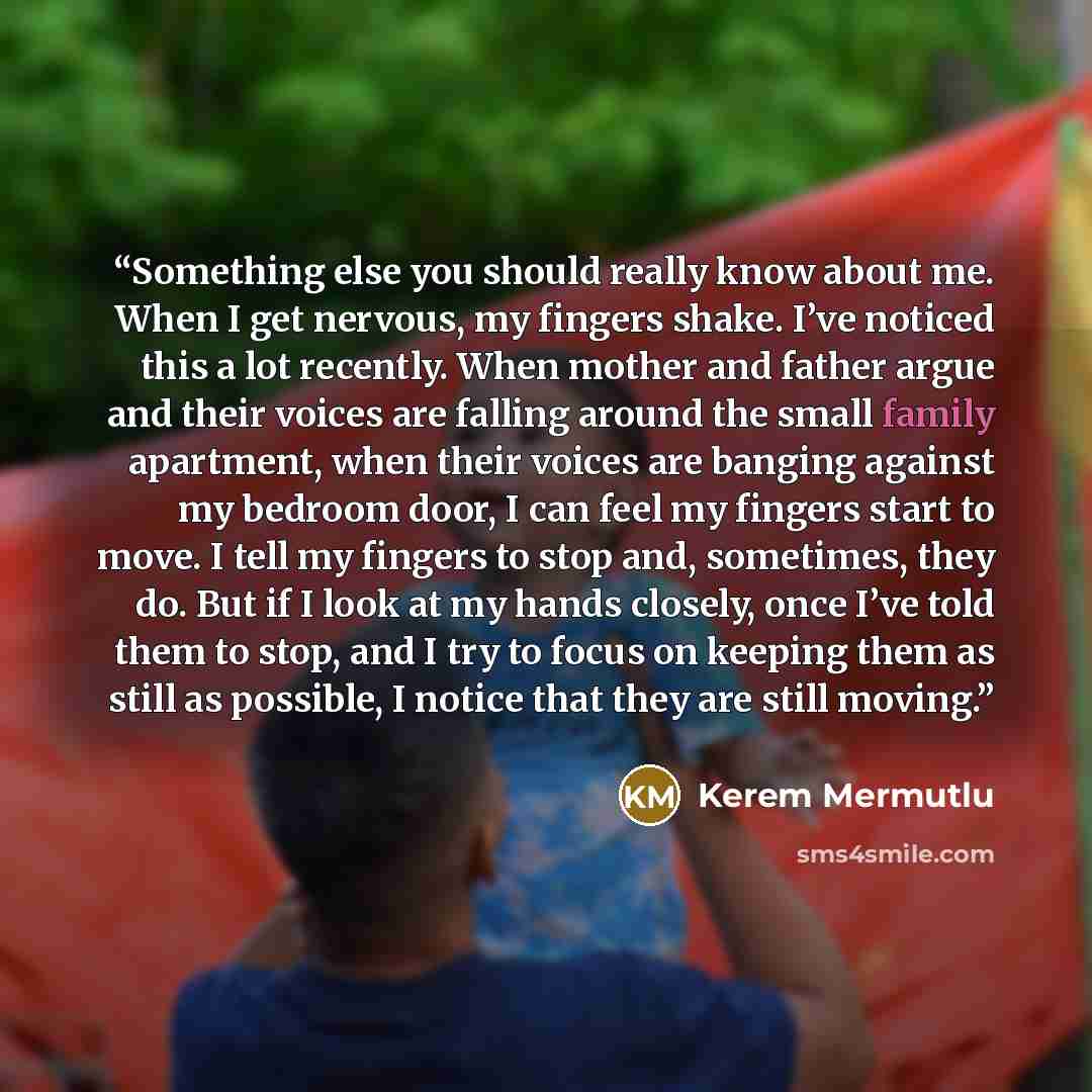 “Something else you should really know about me. When I get nervous, my fingers shake. I’ve noticed this a lot recently. When mother and father argue and their voices are falling around the small family apartment, when their voices are banging against my bedroom door, I can feel my fingers start to…” quote by Kerem Mermutlu