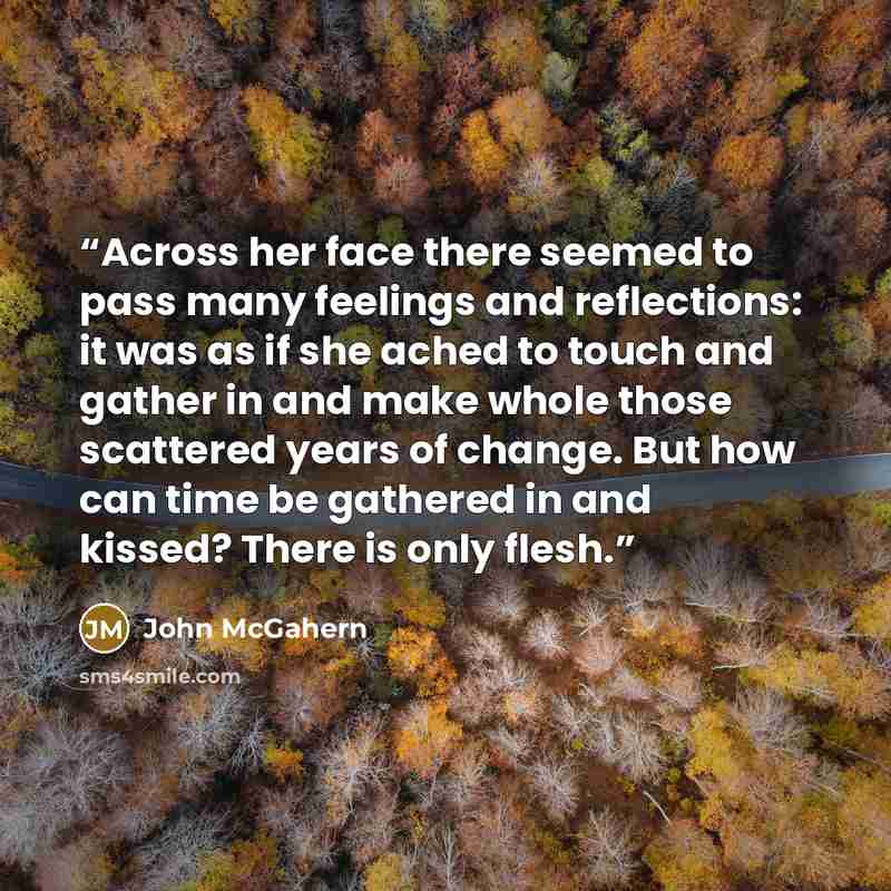 “Across her face there seemed to pass many feelings and reflections: it was as if she ached to touch and gather in and make whole those scattered years of change. But how can time be gathered in and kissed? There is only flesh.” quote by John McGahern