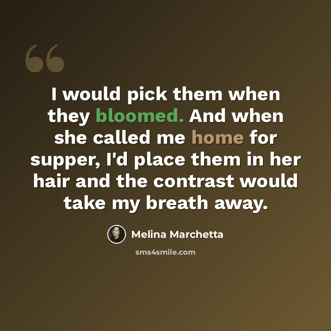 “I would pick them when they bloomed. And when she called me home for supper, I'd place them in her hair and the contrast would take my breath away.” quote by Melina Marchetta