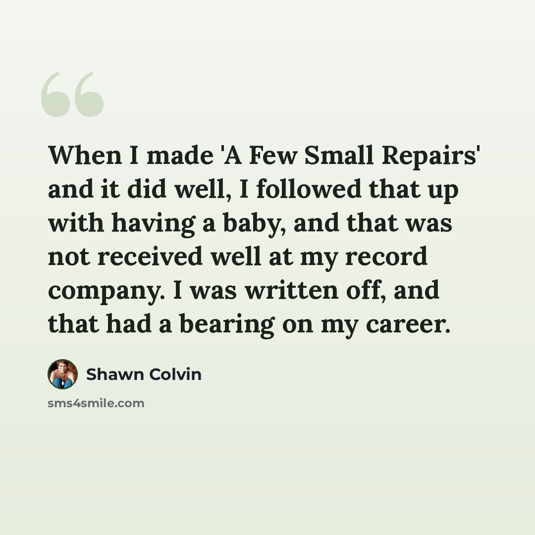 “When I made 'A Few Small Repairs' and it did well, I followed that up with having a baby, and that was not received well at my record company. I was written off, and that had a bearing on my career.” quote by Shawn Colvin