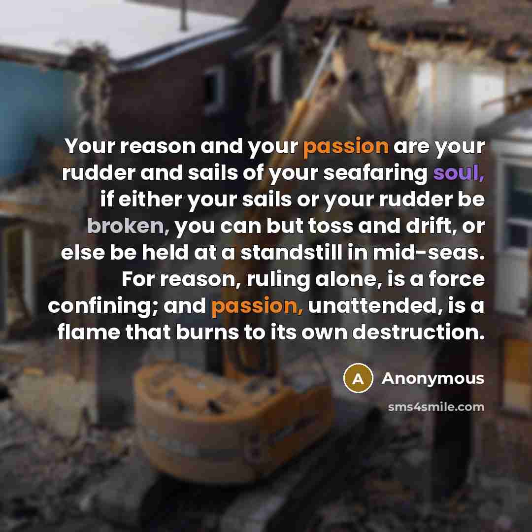 “Your reason and your passion are your rudder and sails of your seafaring soul, if either your sails or your rudder be broken, you can but toss and drift, or else be held at a standstill in mid-seas. For reason, ruling alone, is a force confining; and passion, unattended, is a flame that burns to…” quote by Anonymous