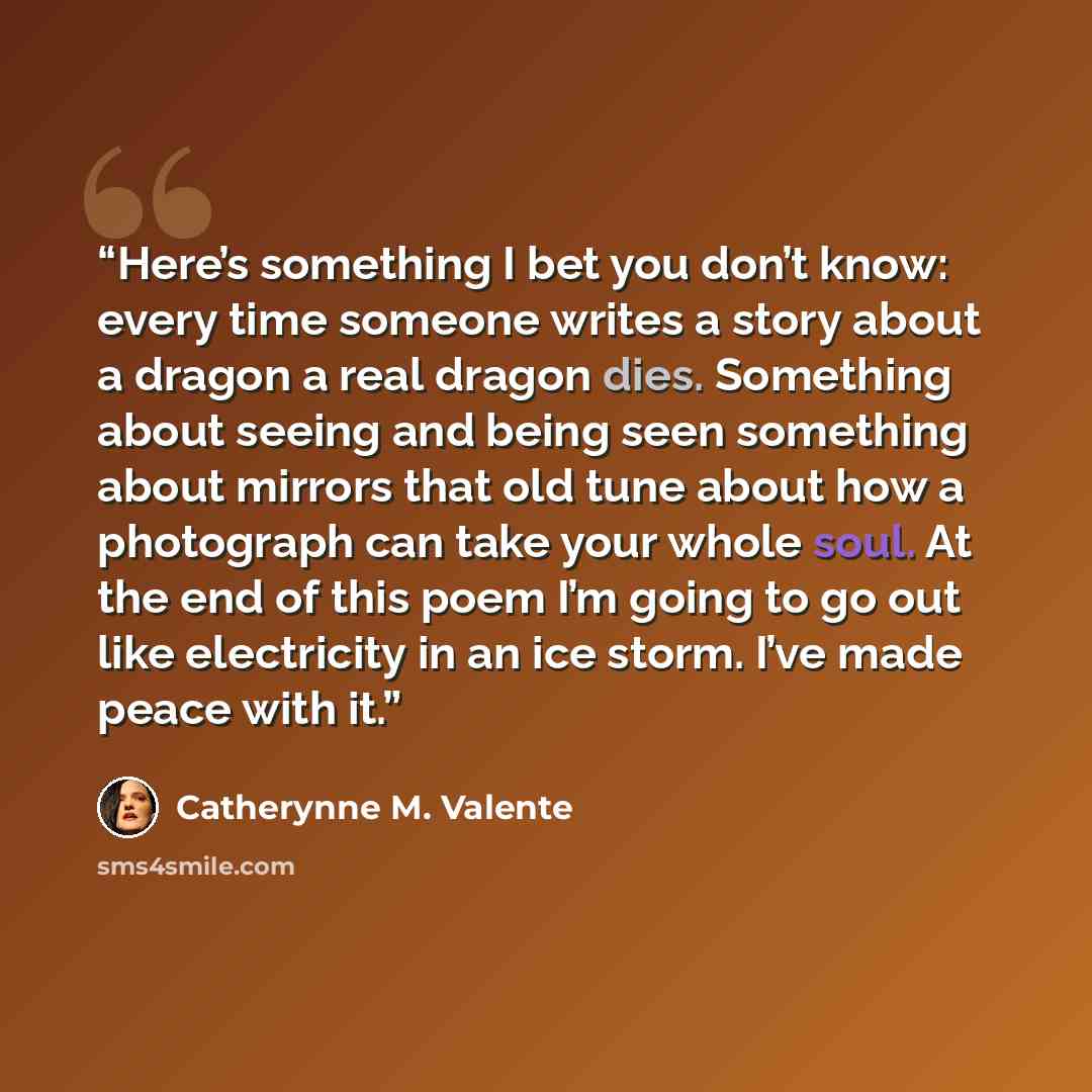 “Here’s something I bet you don’t know: every time someone writes a story about a dragon a real dragon dies. Something about seeing and being seen something about mirrors that old tune about how a photograph can take your whole soul. At the end of this poem I’m going to go out like electricity in…” quote by Catherynne M. Valente