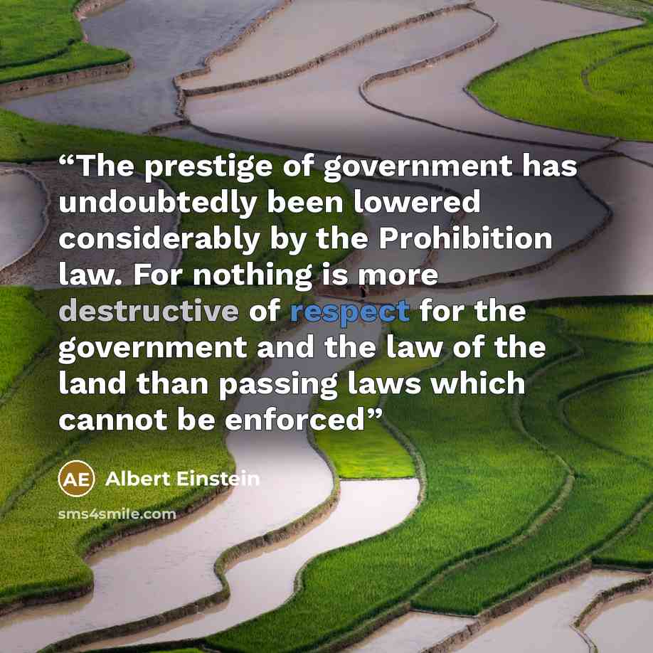 “The prestige of government has undoubtedly been lowered considerably by the Prohibition law. For nothing is more destructive of respect for the government and the law of the land than passing laws which cannot be enforced” quote by Albert Einstein