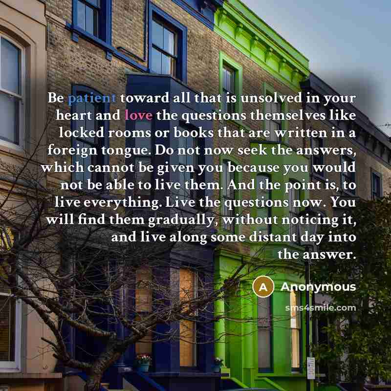 “Be patient toward all that is unsolved in your heart and love the questions themselves like locked rooms or books that are written in a foreign tongue. Do not now seek the answers, which cannot be given you because you would not be able to live them. And the point is, to live everything. Live the…” quote by Anonymous