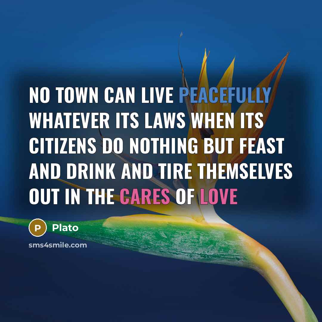 “No town can live peacefully whatever its laws when its citizens do nothing but feast and drink and tire themselves out in the cares of love” quote by Plato