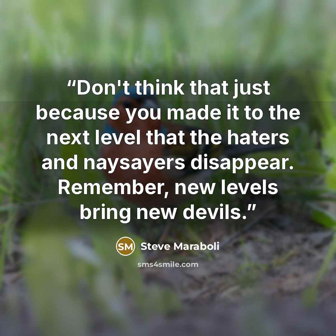 “Don't think that just because you made it to the next level that the haters and naysayers disappear. Remember, new levels bring new devils.” quote by Steve Maraboli