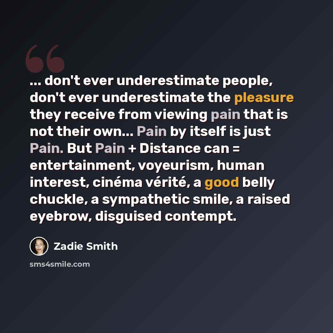 “... don't ever underestimate people, don't ever underestimate the pleasure they receive from viewing pain that is not their own... Pain by itself is just Pain. But Pain + Distance can = entertainment, voyeurism, human interest, cinéma vérité, a good belly chuckle, a sympathetic smile, a raised…” quote by Zadie Smith