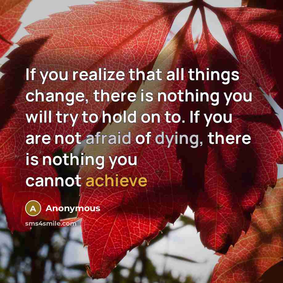 “If you realize that all things change, there is nothing you will try to hold on to. If you are not afraid of dying, there is nothing you cannot achieve” quote by Anonymous