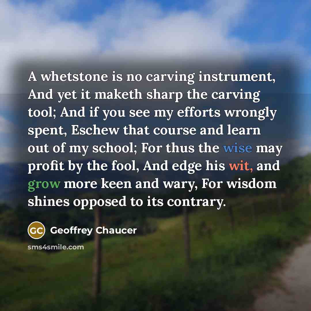 “A whetstone is no carving instrument, And yet it maketh sharp the carving tool; And if you see my efforts wrongly spent, Eschew that course and learn out of my school; For thus the wise may profit by the fool, And edge his wit, and grow more keen and wary, For wisdom shines opposed to its contrary.” quote by Geoffrey Chaucer