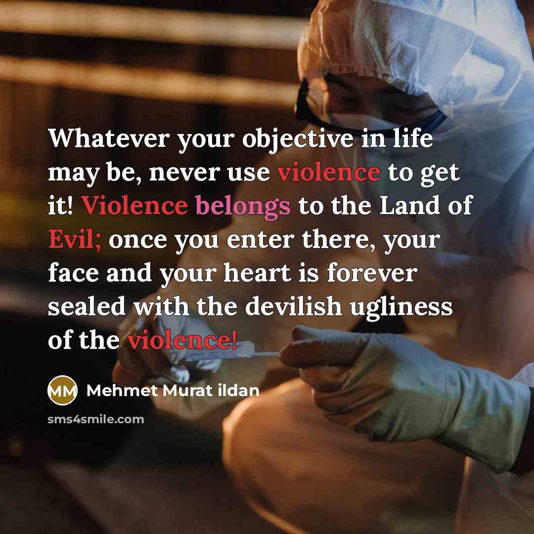 “Whatever your objective in life may be, never use violence to get it! Violence belongs to the Land of Evil; once you enter there, your face and your heart is forever sealed with the devilish ugliness of the violence!” quote by Mehmet Murat Ildan