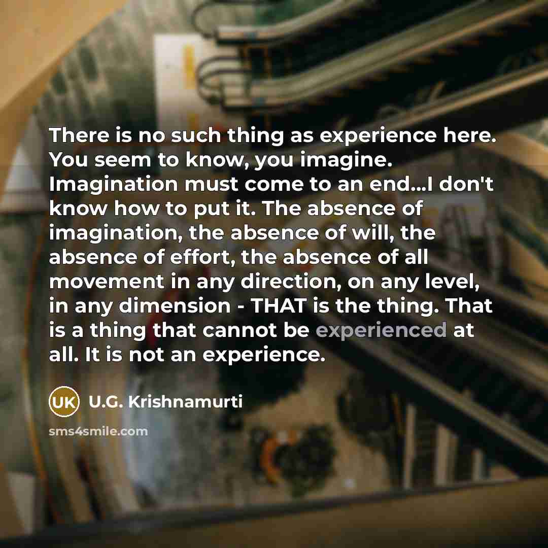 “There is no such thing as experience here. You seem to know, you imagine. Imagination must come to an end...I don't know how to put it. The absence of imagination, the absence of will, the absence of effort, the absence of all movement in any direction, on any level, in any dimension - THAT is the…” quote by U.G. Krishnamurti