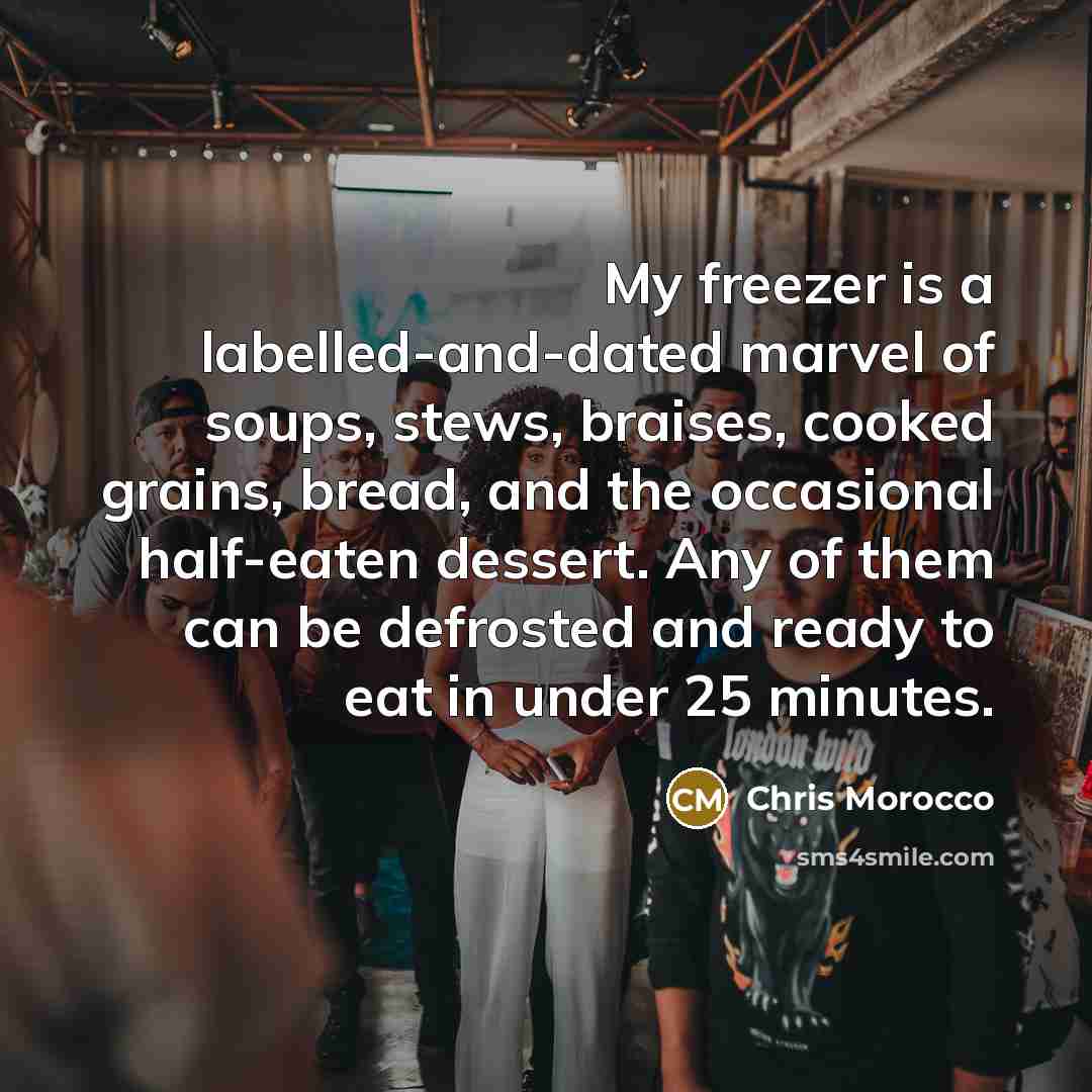 “My freezer is a labelled-and-dated marvel of soups, stews, braises, cooked grains, bread, and the occasional half-eaten dessert. Any of them can be defrosted and ready to eat in under 25 minutes.” quote by Chris Morocco