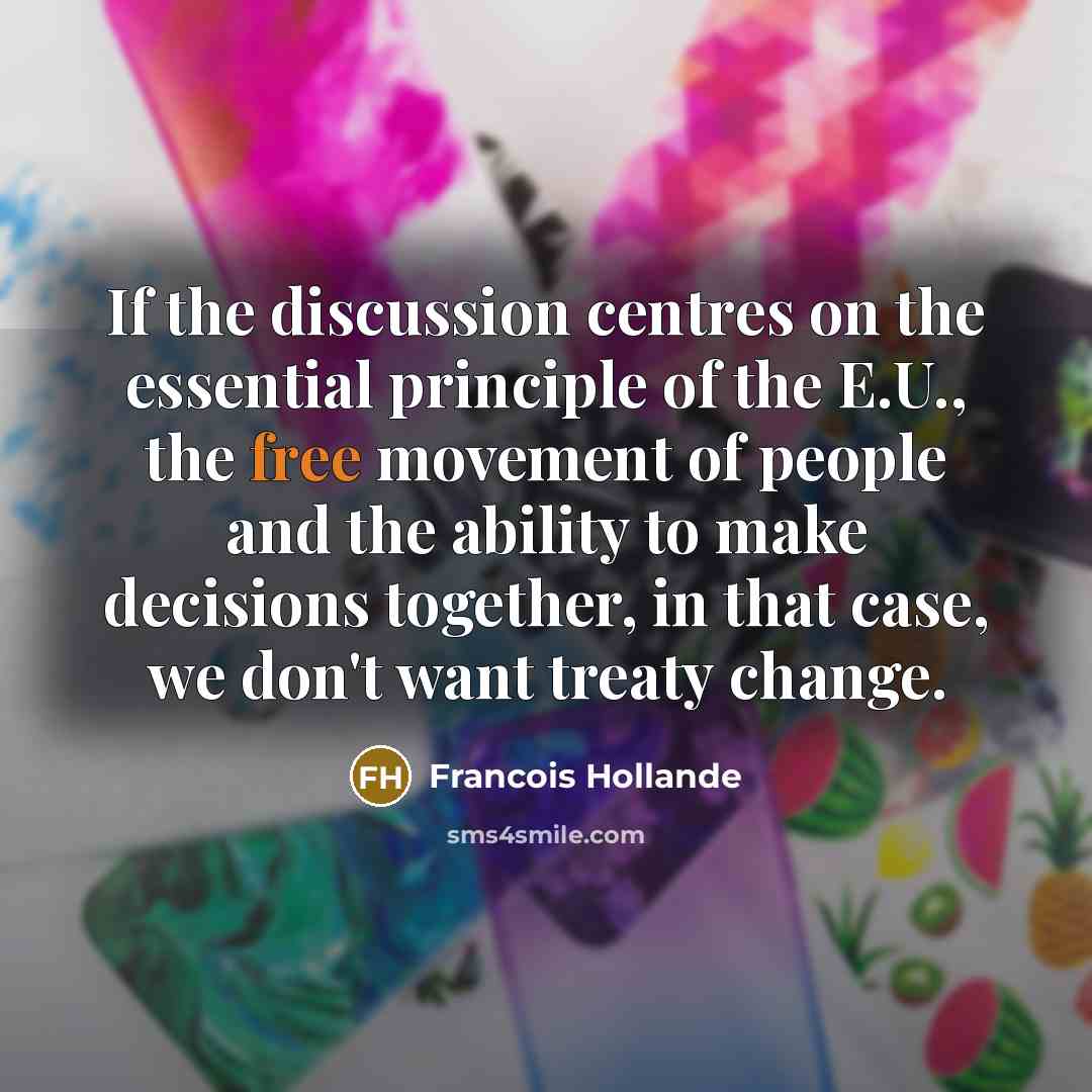 “If the discussion centres on the essential principle of the E.U., the free movement of people and the ability to make decisions together, in that case, we don't want treaty change.” quote by Francois Hollande