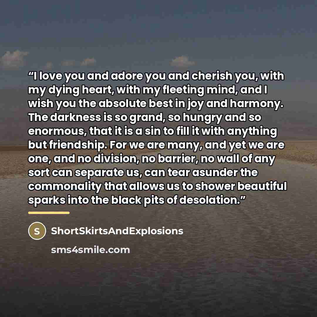 “I love you and adore you and cherish you, with my dying heart, with my fleeting mind, and I wish you the absolute best in joy and harmony. The darkness is so grand, so hungry and so enormous, that it is a sin to fill it with anything but friendship. For we are many, and yet we are one, and no…” quote by ShortSkirtsAndExplosions