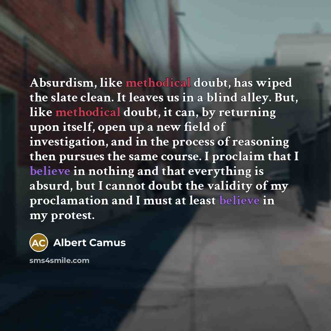 “Absurdism, like methodical doubt, has wiped the slate clean. It leaves us in a blind alley. But, like methodical doubt, it can, by returning upon itself, open up a new field of investigation, and in the process of reasoning then pursues the same course. I proclaim that I believe in nothing and…” quote by Albert Camus