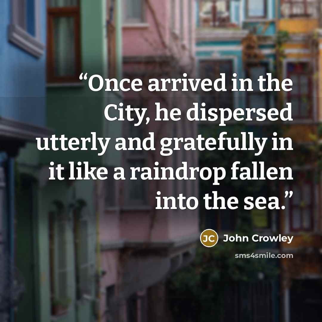 “Once arrived in the City, he dispersed utterly and gratefully in it like a raindrop fallen into the sea.” quote by John Crowley