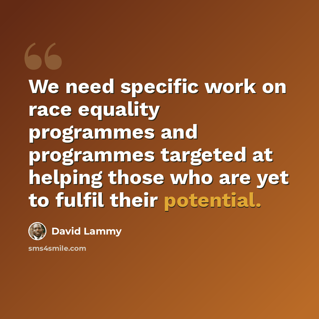 “We need specific work on race equality programmes and programmes targeted at helping those who are yet to fulfil their potential.” quote by David Lammy