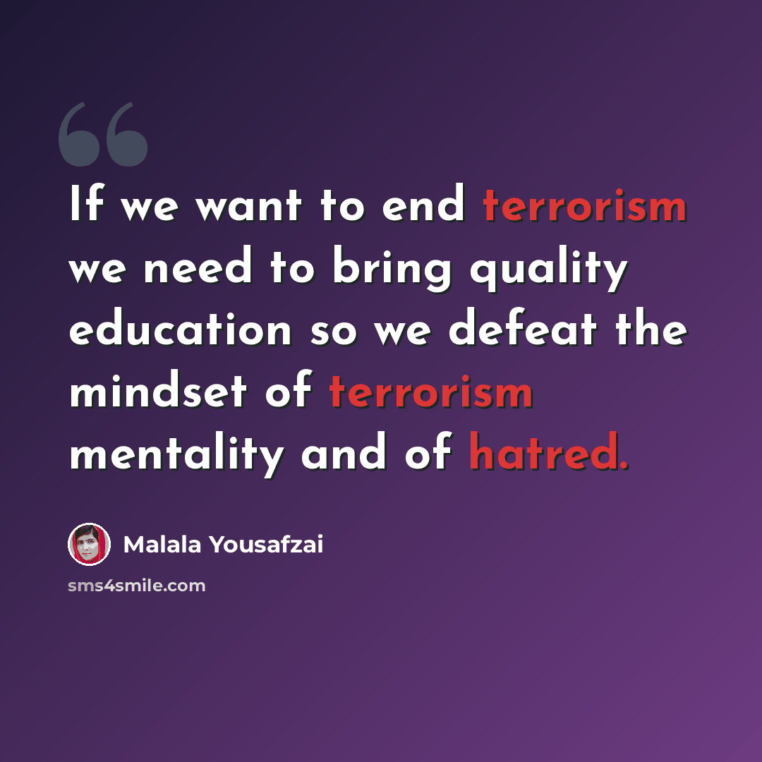 “If we want to end terrorism we need to bring quality education so we defeat the mindset of terrorism mentality and of hatred.” quote by Malala Yousafzai