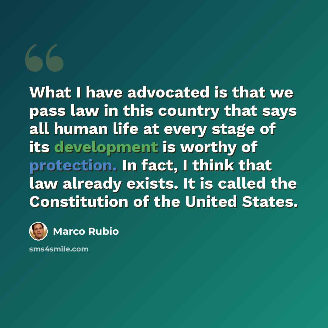 “What I have advocated is that we pass law in this country that says all human life at every stage of its development is worthy of protection. In fact, I think that law already exists. It is called the Constitution of the United States.” quote by Marco Rubio