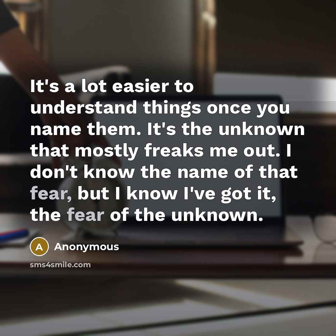 “It's a lot easier to understand things once you name them. It's the unknown that mostly freaks me out. I don't know the name of that fear, but I know I've got it, the fear of the unknown.” quote by Anonymous